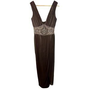 NWT Mandalay Brown Silk Beaded Embellished Maxi Long Gown Evening Dress Size 6